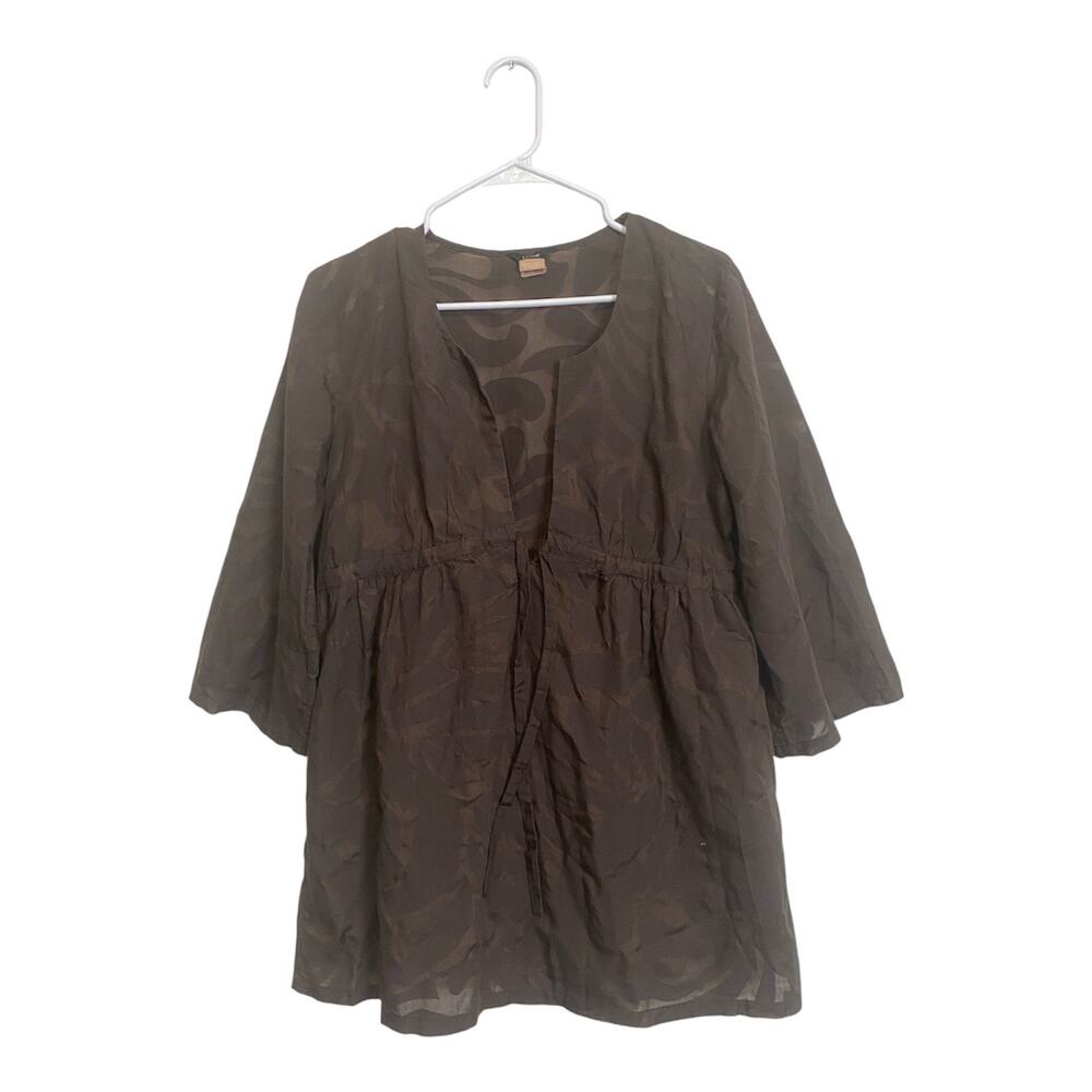 J Crew Women Brown Textured Floral Dress Cover Up Top drawstring 3/4 sleeve L